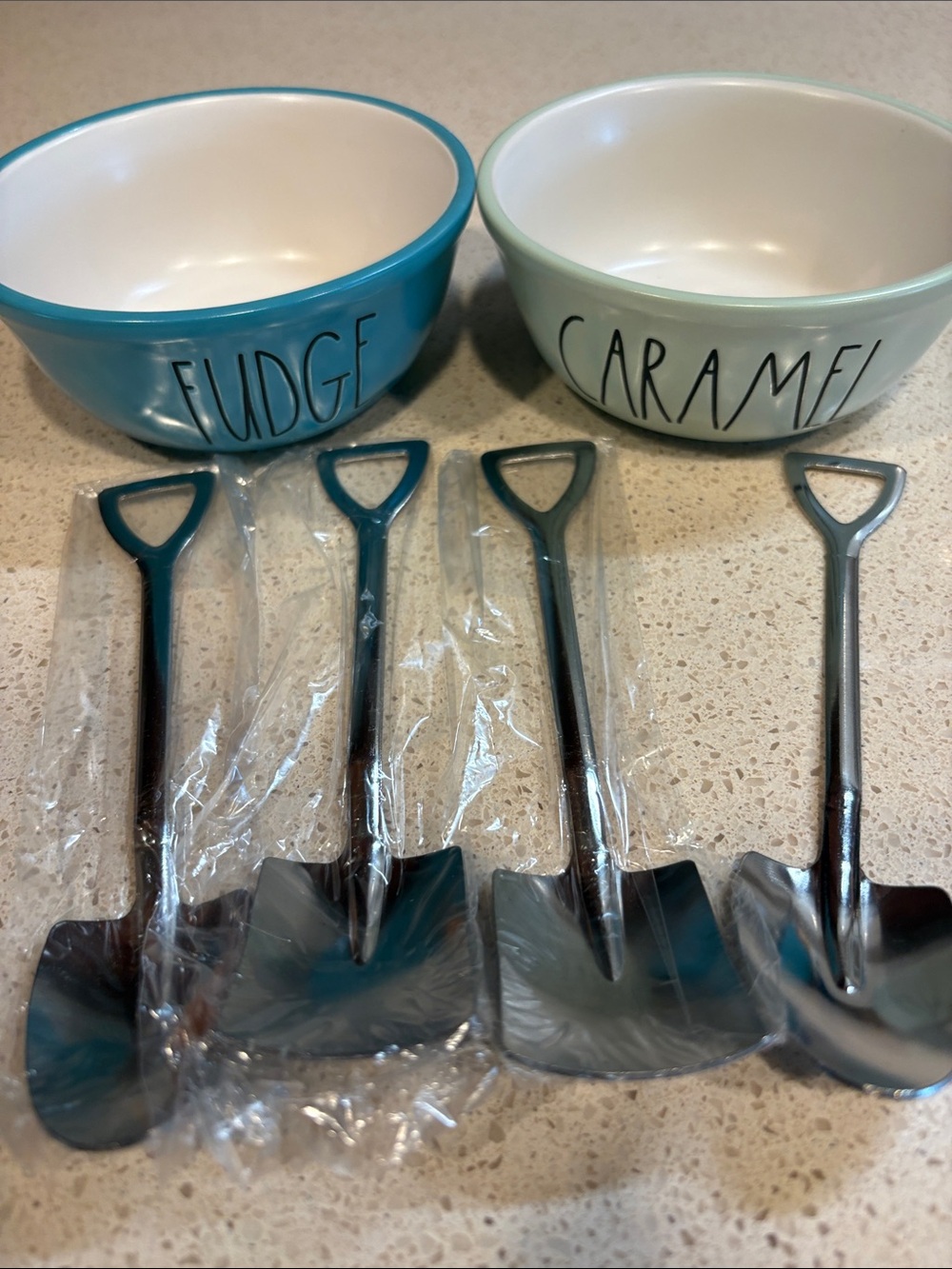 Rae Dunn Teal & Mint 'FUDGE' & ‘CARAMEL' Ceramic Bowls with Ice cream Shovels